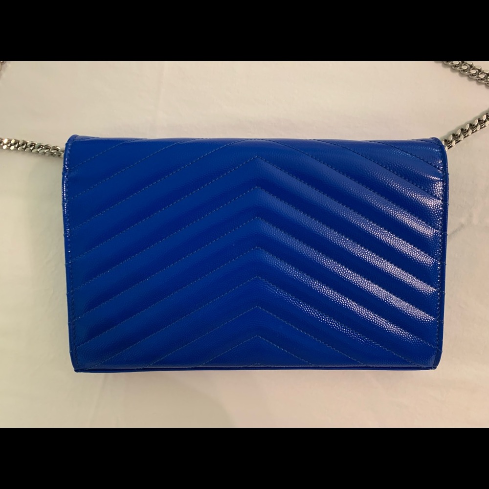 YSL Saint Laurent Patent Electric Blue Matelasse Wallet on Chain - Picture 10 of 11